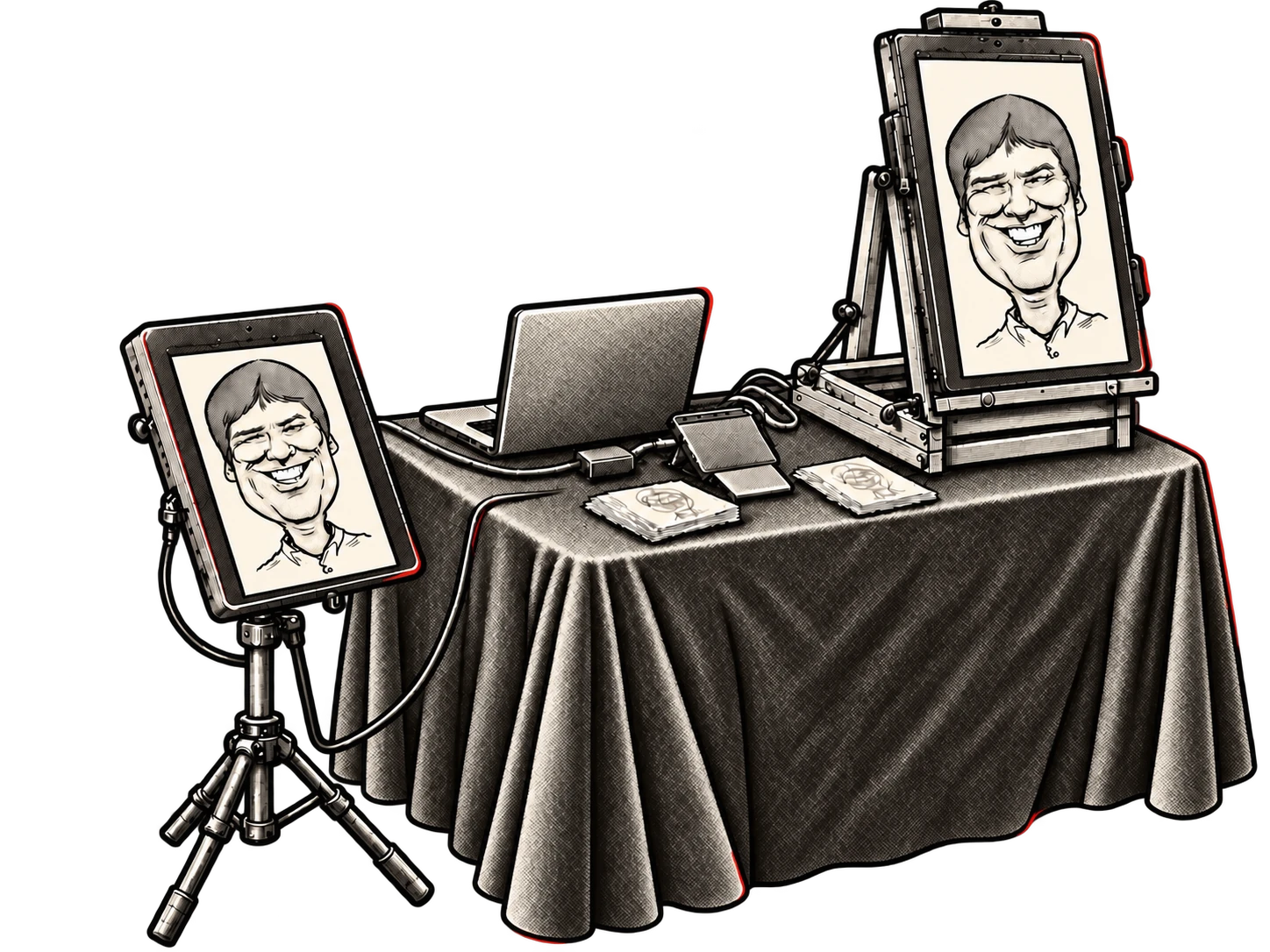 Digital caricature setup with tablet, external monitor and printer at an event