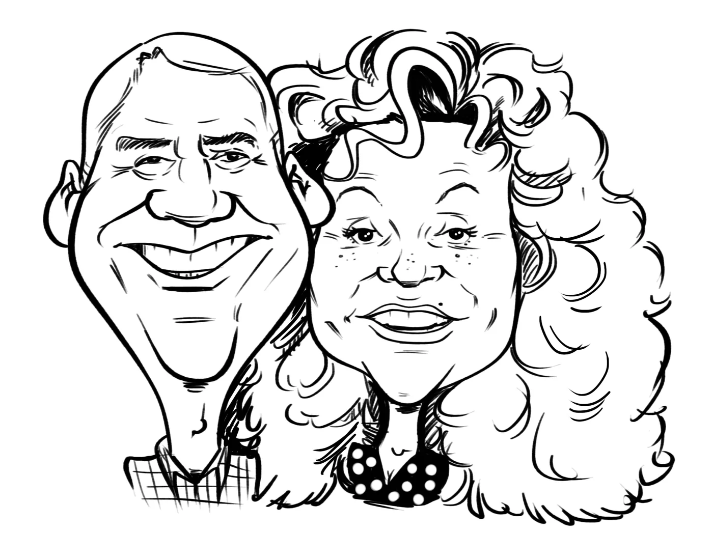 Black and white caricature of a smiling couple