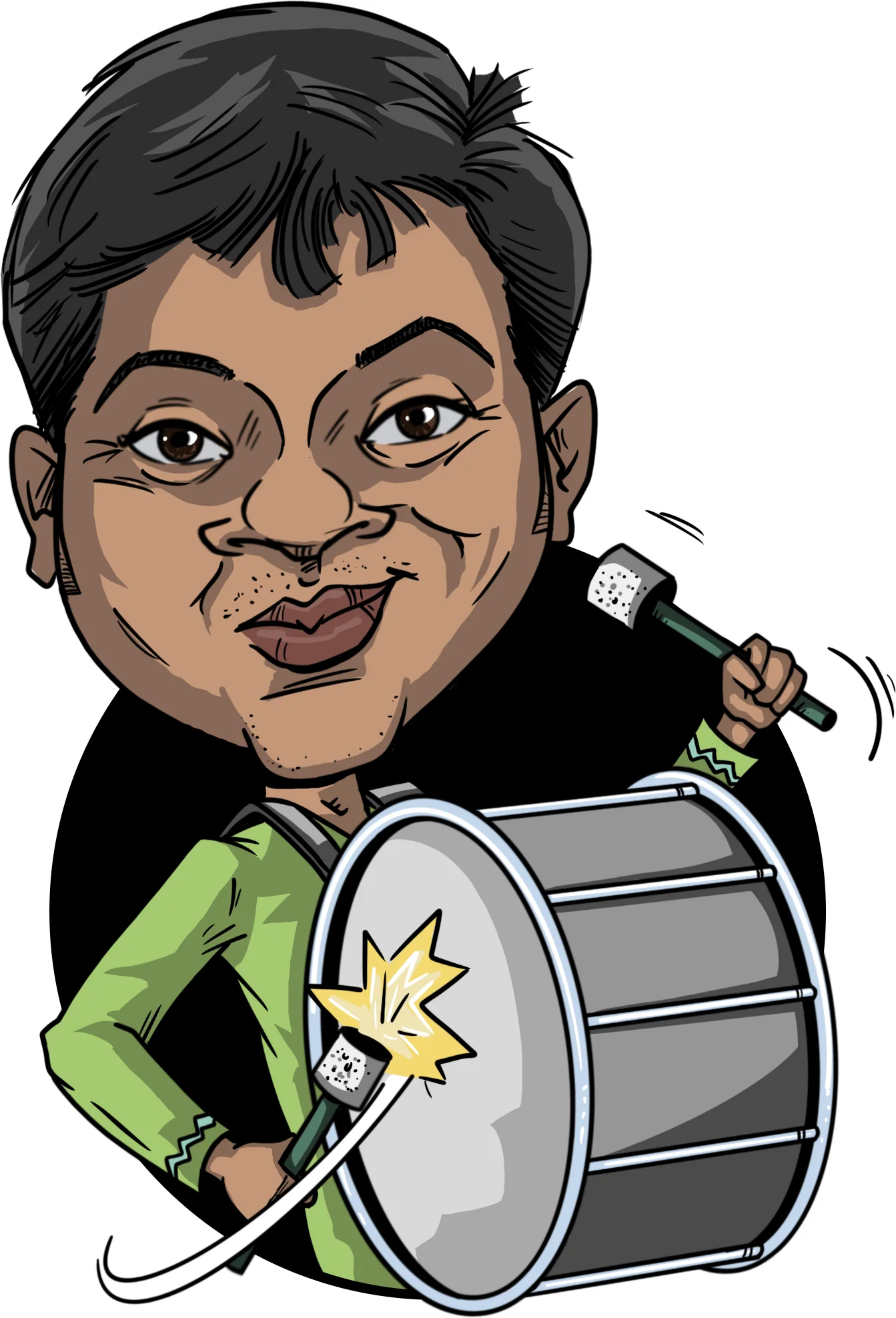 Color caricature of a boy playing a drum