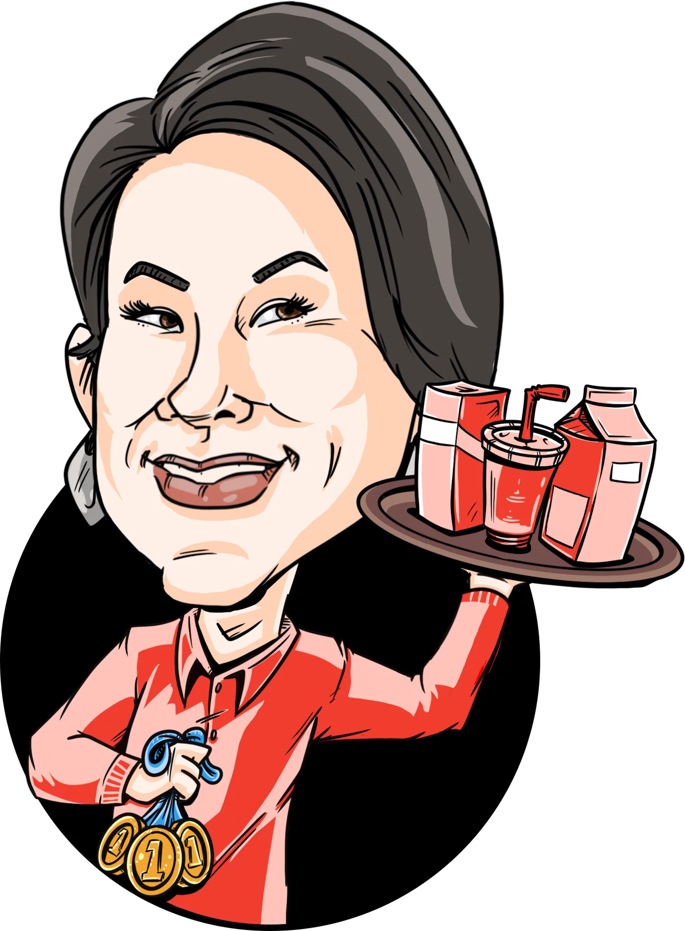Color caricature of a woman with award medals