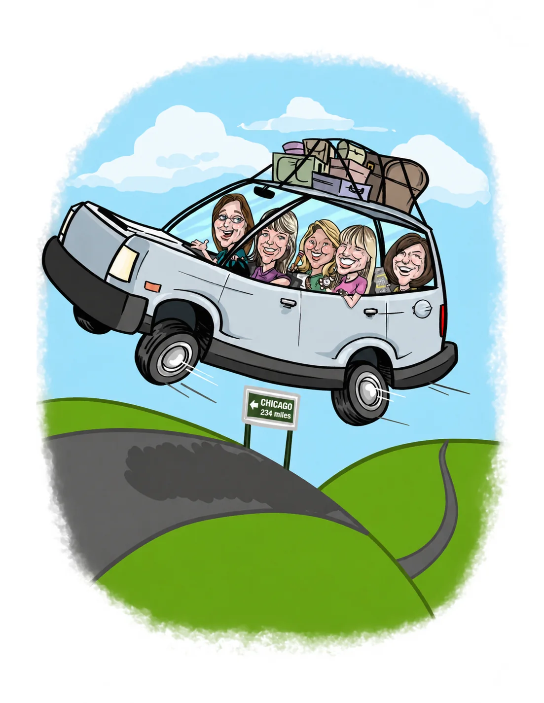 Color caricature of friends on a road trip