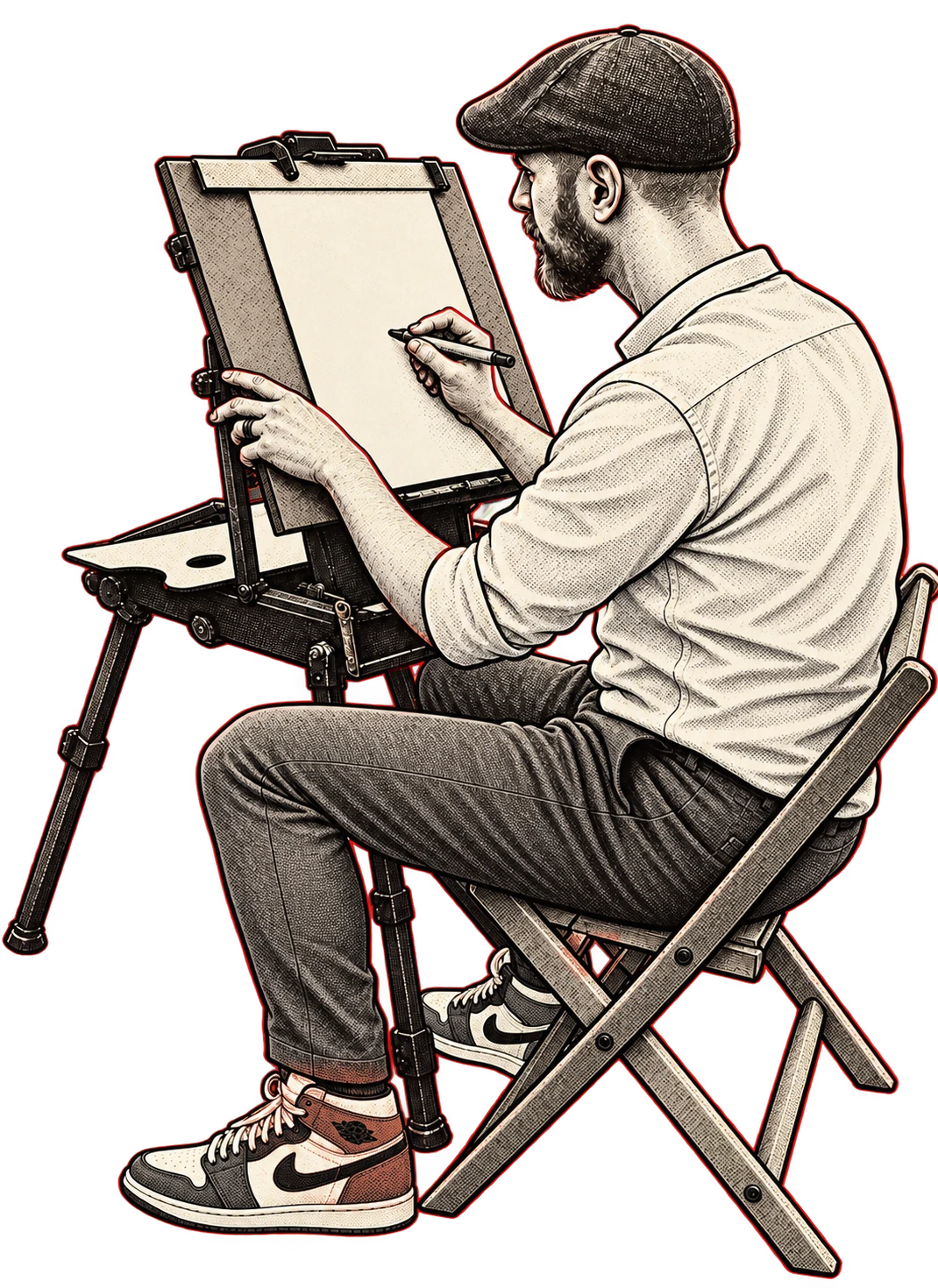 Illustrated artist sketching on a drawing board